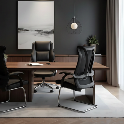 Modern Minimalist Ergonomic Leather Plywood Metal Office Chair Executive Gaming Desk Chair With Headrest Lumbar Support Cantilever Base For Home Office Set Of 2