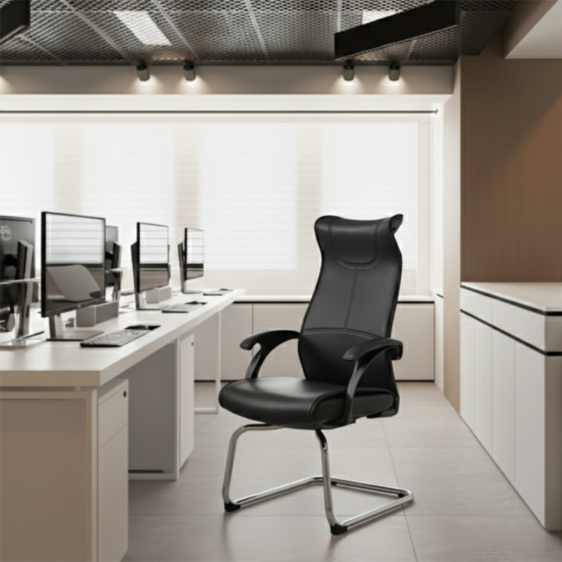 Modern Minimalist Ergonomic Leather Plywood Metal Office Chair Executive Gaming Desk Chair With Headrest Lumbar Support Cantilever Base For Home Office Set Of 2