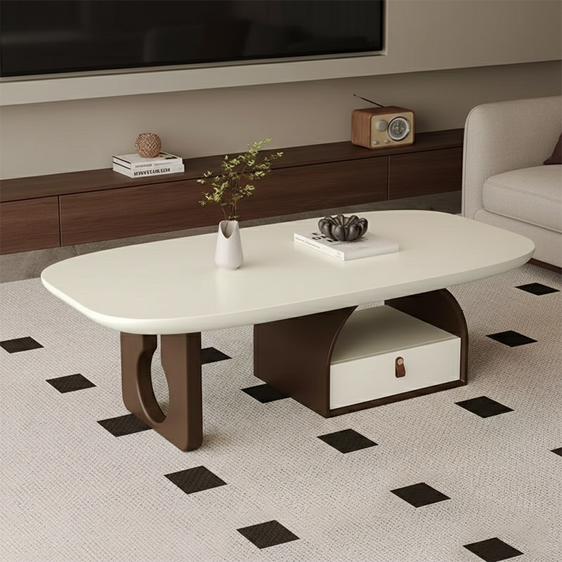 Traditional French Solid Wood Multi-Layer Board Rounded Rectangular Curved Coffee Table With 1-Drawer For Living Room