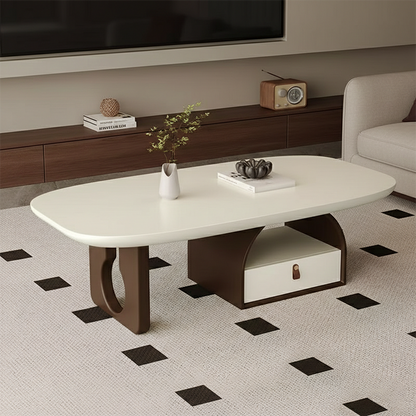 Traditional French Solid Wood Multi-Layer Board Rounded Rectangular Curved Coffee Table With 1-Drawer For Living Room
