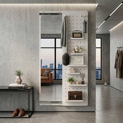 Modern Minimalist Solid Wood Metal Glass Rounded Rectangle Wall Mirror With Sliding Pegboard Storage & Hooks For Entryway