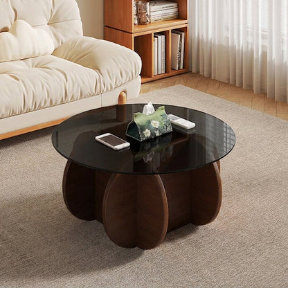 Modern Minimalist Round Solid Wood Glass Coffee Table For Living Room