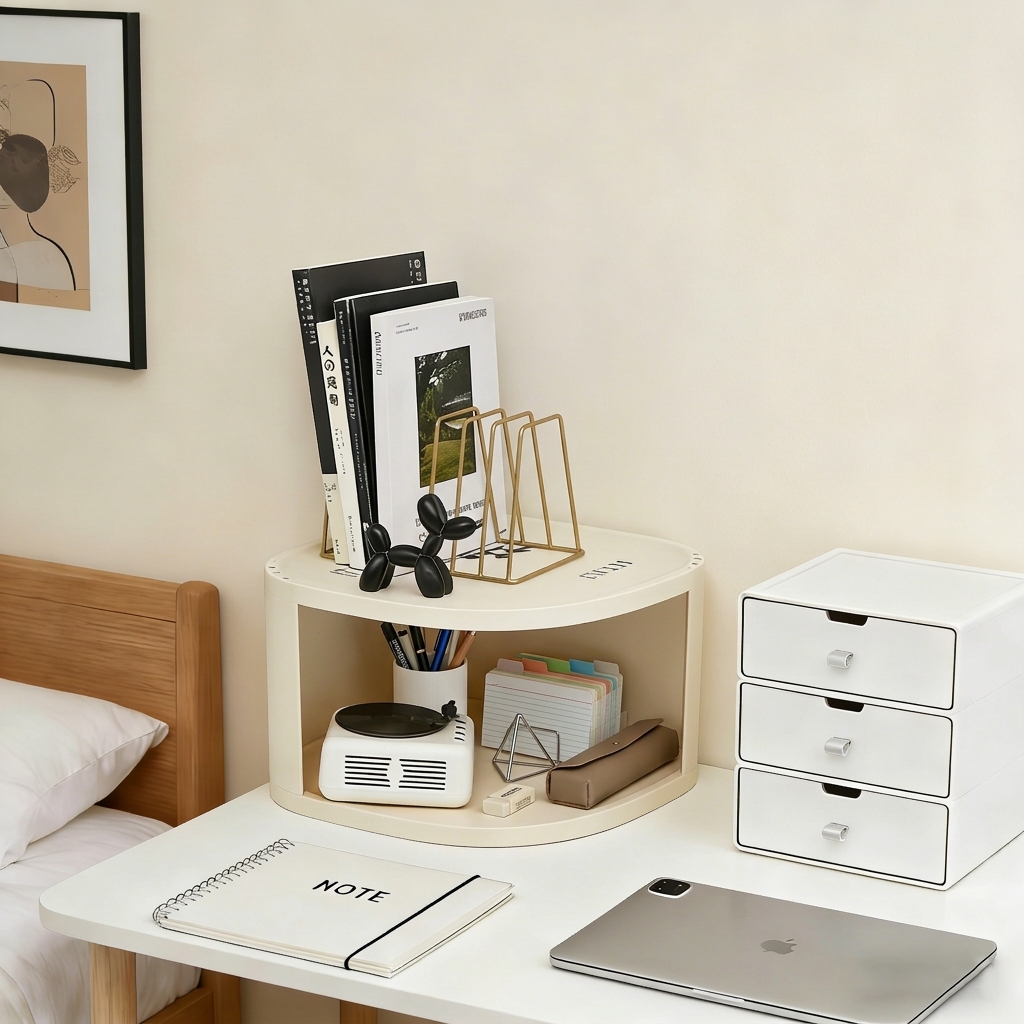 Modern Minimalist Plastic Rounded Square Corner Shelf Unit With 2-Tier For Entryway & Living Room & Bathroom