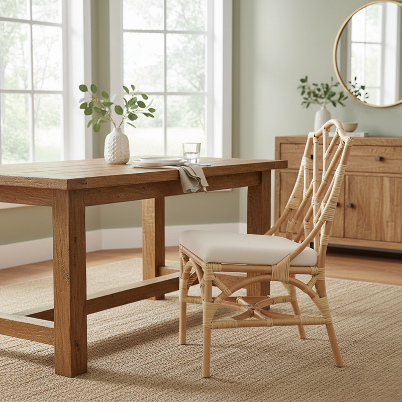 Contemporary Scandinavian Handwoven Natural Rattan Dining Chair With Waterproof Cushioned - Back Chair For Indoor & Outdoor Use