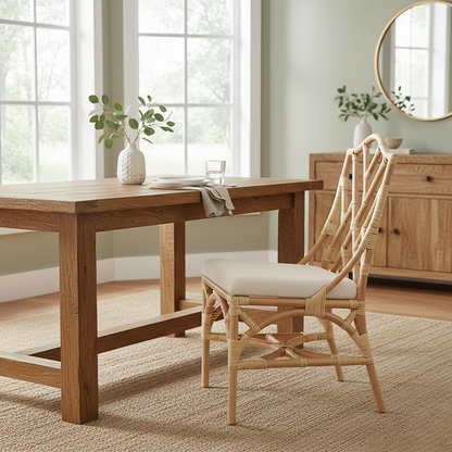 Contemporary Scandinavian Handwoven Natural Rattan Dining Chair With Waterproof Cushioned - Back Chair For Indoor & Outdoor Use