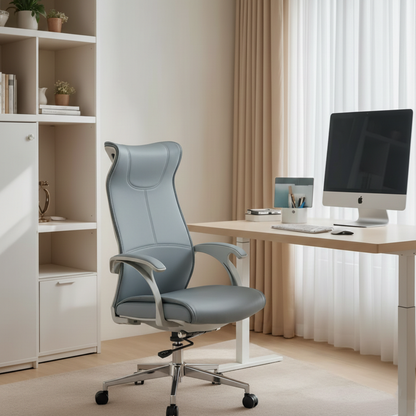 Modern Ergonomic High Back Leather Plywood & Metal Office Chair Executive Swivel Desk Chair With Headrest Lumbar Support Adjustable Rolling Computer Chair