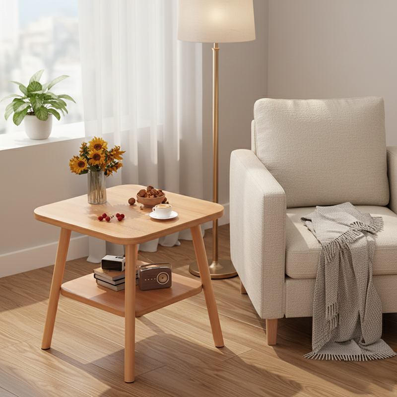 Modern Minimalist MDF Rounded-Corner Square Side Table 2-Tier For Living Room