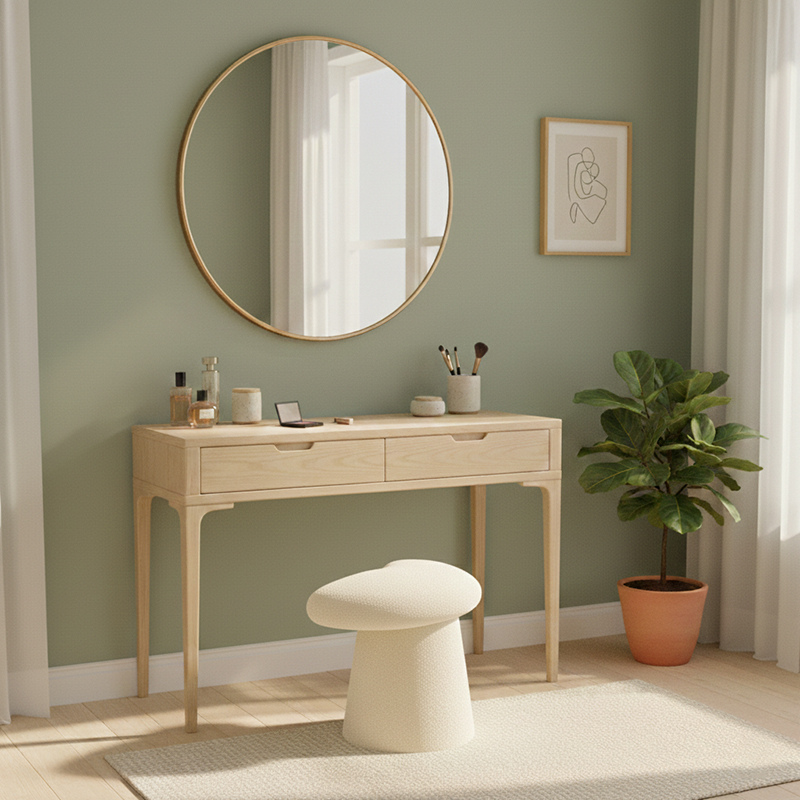 Modern Minimalist Solid Wood Plywood & Sherpa Fabric Whale-Tail Cushion Vanity Stool With Cylindrical Base For Bedroom