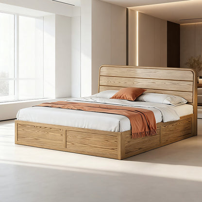 Space-Saving Rustic Bed Frame - Natural Ash Wood Lift-Top Storage Bed For Bedroom