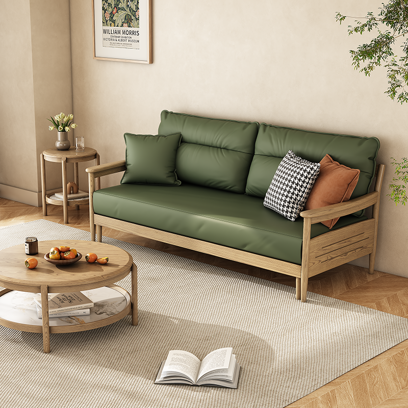 Traditional Ash Wood Sofa With Armrest Backrest - Eco Leather Upholstery Accent Chair For Living Room
