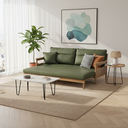 Traditional Ash Wood Sofa With Armrest Backrest - Eco Leather Upholstery Accent Chair For Living Room