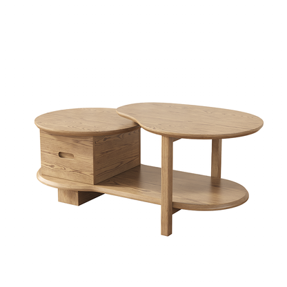 Premium Ash Wood Creative Coffee Table - Staggered Layers & Invisible Slide Drawer 3-Tier For Living Room
