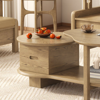 Premium Ash Wood Creative Coffee Table - Staggered Layers & Invisible Slide Drawer 3-Tier For Living Room