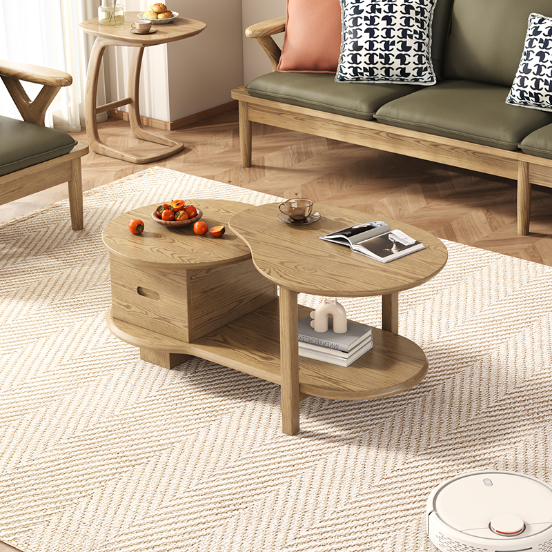 Premium Ash Wood Creative Coffee Table - Staggered Layers & Invisible Slide Drawer 3-Tier For Living Room