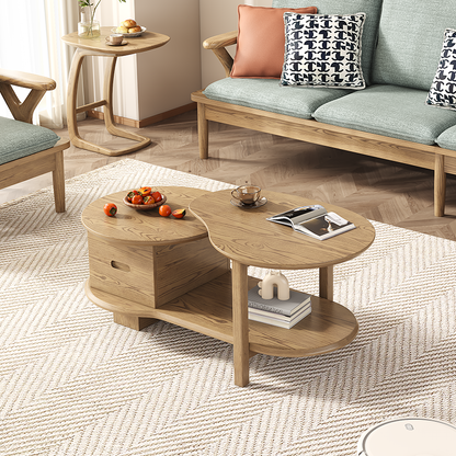Premium Ash Wood Creative Coffee Table - Staggered Layers & Invisible Slide Drawer 3-Tier For Living Room