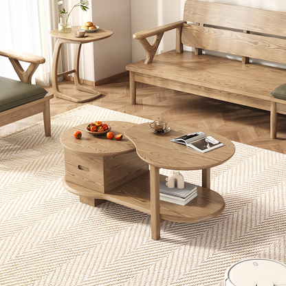 Premium Ash Wood Creative Coffee Table - Staggered Layers & Invisible Slide Drawer 3-Tier For Living Room