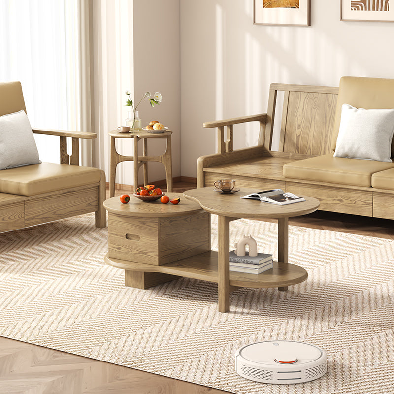 Premium Ash Wood Creative Coffee Table - Staggered Layers & Invisible Slide Drawer 3-Tier For Living Room