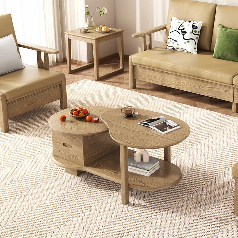 Premium Ash Wood Creative Coffee Table - Staggered Layers & Invisible Slide Drawer 3-Tier For Living Room