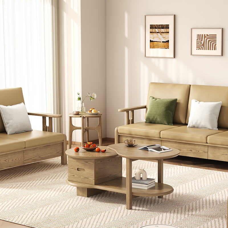 Premium Ash Wood Creative Coffee Table - Staggered Layers & Invisible Slide Drawer 3-Tier For Living Room