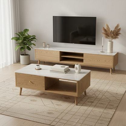 Practical Traditional French Coffee Table - Durable Ash Wood & Rock Slab Tabletop Table 2-Tier For Living Room