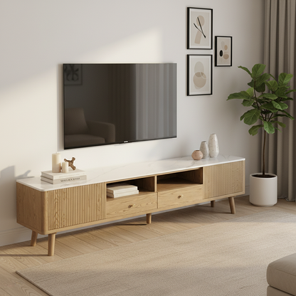 French Crafted Ash Wood TV Stand - Eco-Friendly & Multi-Storage Solutions TV Cabinet 5 -Leg For Living Room