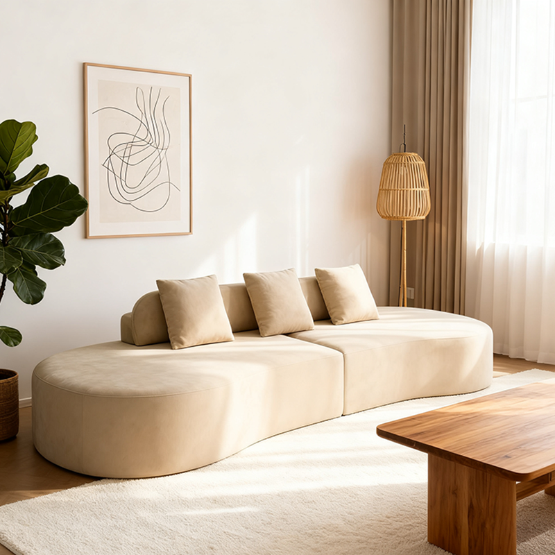 Contemporary Scandinavian Curved Streamline Fabric Sofa - Low Profile Accent Chair For Living Room