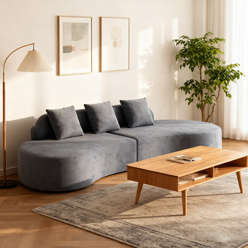 Contemporary Scandinavian Curved Streamline Fabric Sofa - Low Profile Accent Chair For Living Room