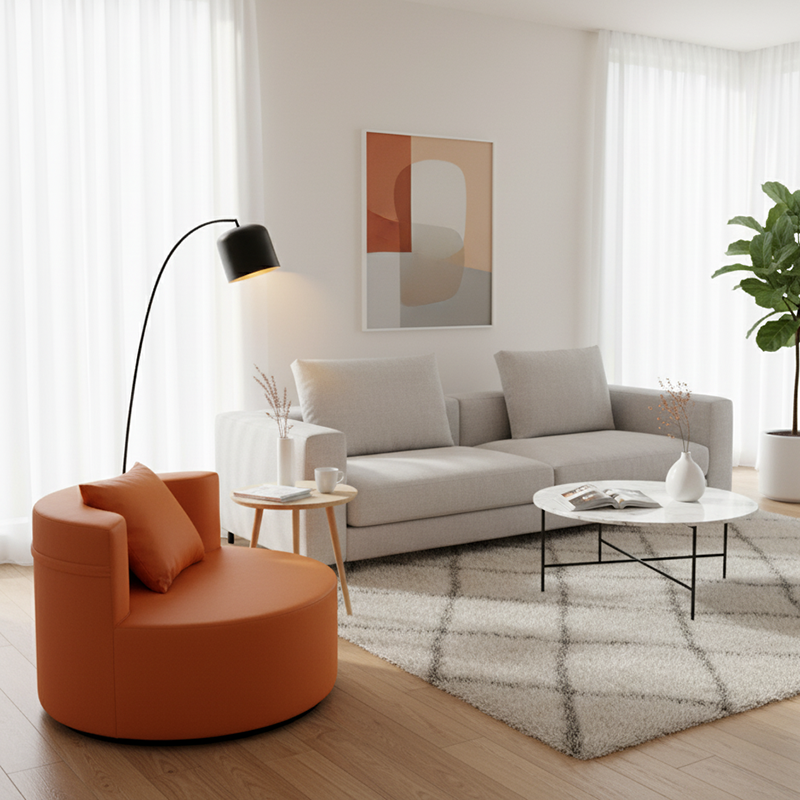 Contemporary Round Leathaire Compressed Sofa - Scandinavian High-Density Sponge Lounge Chair For Living Room