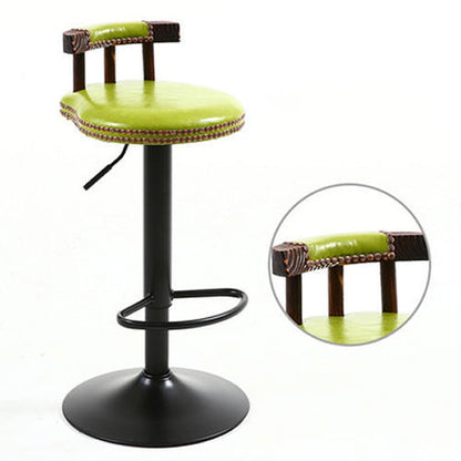 Contemporary Luxury Round Faux Oil-Waxed Leather Iron Bar Stool Backrest Footrest For Dining Room