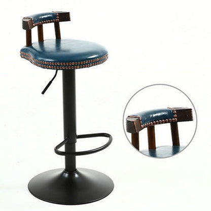 Contemporary Luxury Round Faux Oil-Waxed Leather Iron Bar Stool Backrest Footrest For Dining Room