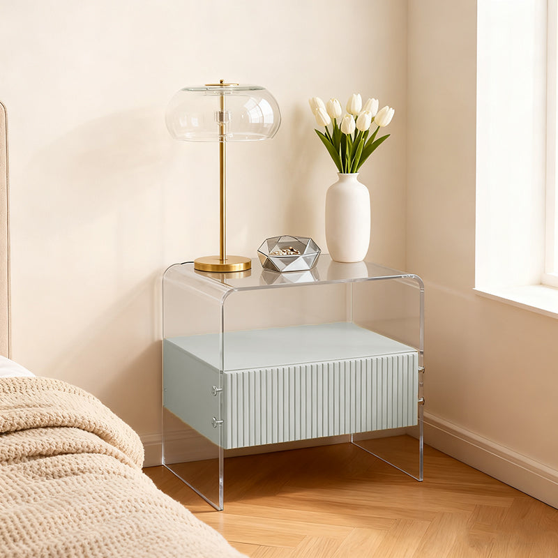 Transparent Acrylic Nightstand - Minimalist Sturdy U-Shaped Support Legs Bedside Table 1-Drawer For Bedroom & Living Room