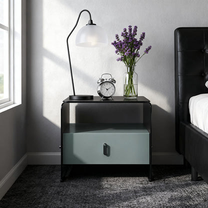 Clear Texture Nightstand - Transparent Tempered Glass Bedside Table 1-Drawer For Bedroom & Living Room