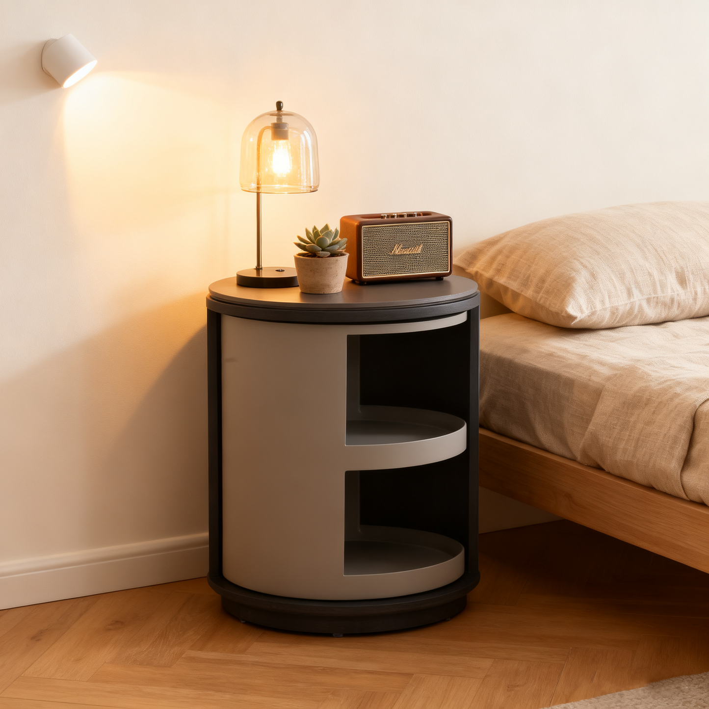 Industrial Rotating Nightstand - Round Skin-Friendly Baking Paint Bedside Table 3-Tier For Bedroom & Living Room