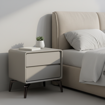 Modern Minimalist Design Nightstand - Refined Rounded Corners & Luxe Faux PVC Leather Charm Bedside Table 2-Drawer For Bedroom