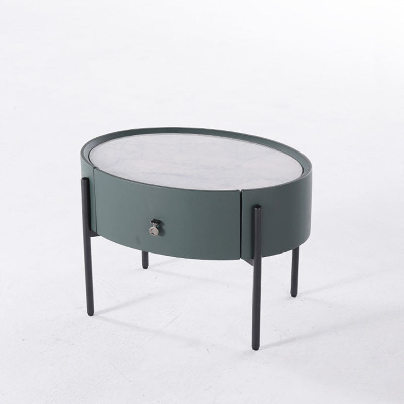 Durable Sintered Stone Top & Faux Leather Nightstand - Scandinavian Design Style Ellipse Bedside Table 1-Drawer For Bedroom