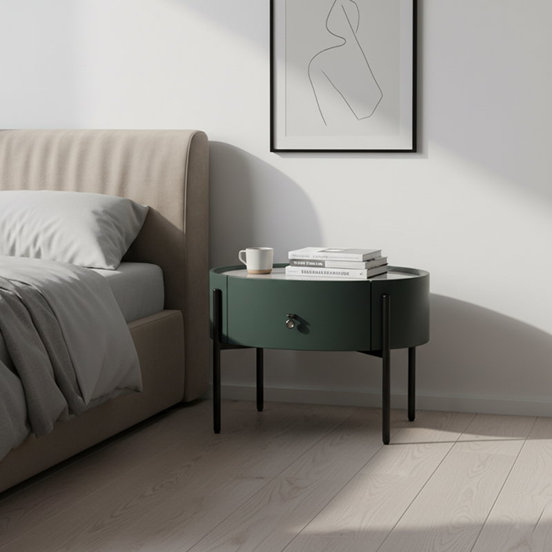 Durable Sintered Stone Top & Faux Leather Nightstand - Scandinavian Design Style Ellipse Bedside Table 1-Drawer For Bedroom