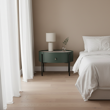 Durable Sintered Stone Top & Faux Leather Nightstand - Scandinavian Design Style Ellipse Bedside Table 1-Drawer For Bedroom