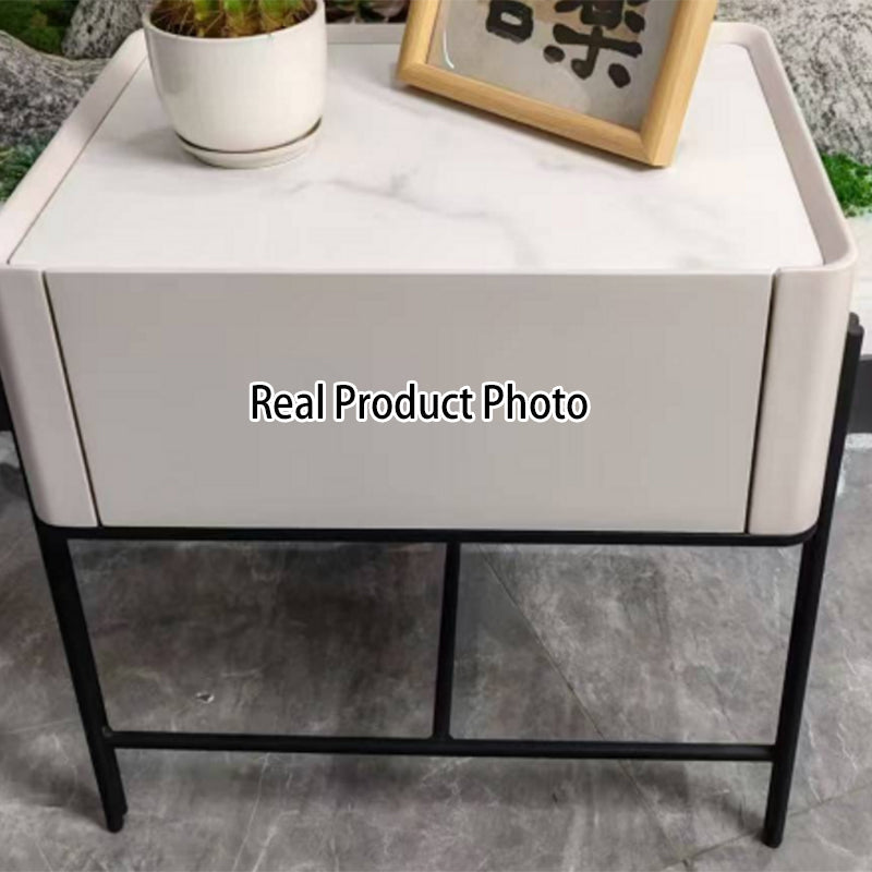 Durable Minimalist Nightstand - Sintered Rock Slab Top & Solid Wood Drawer Storage Bedside Table 1-Drawer For Bedroom