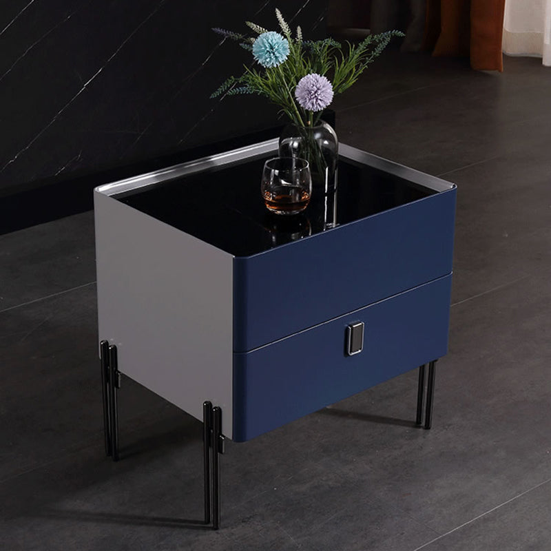 Distinctive Industrial Design Nightstand - E1 Eco-Friendly Material Meets Tempered Glass Bedside Table 2-Drawer For Bedroom