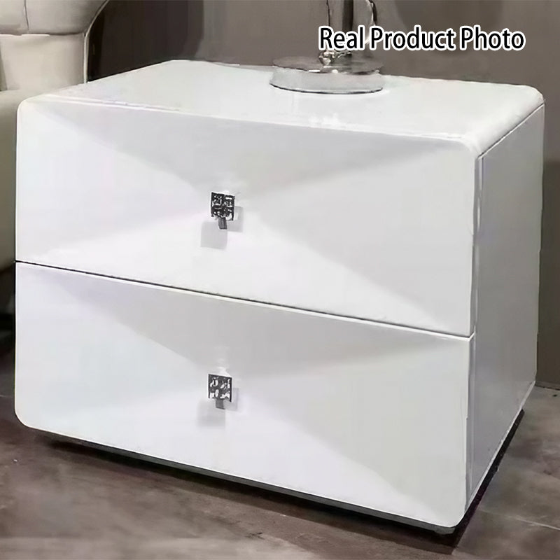 Bright White Modern Minimalist Bedside Table - Unique Design Sturdy Iron Legs Nightstand 2-Drawer For Bedroom