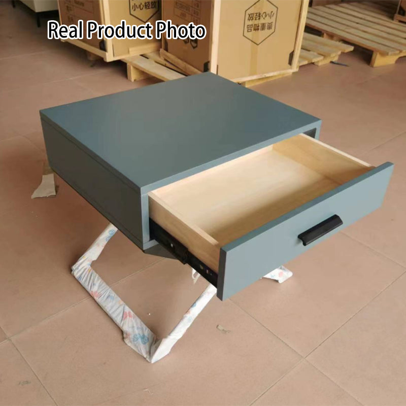 Blue-Black Industrial Nightstand - Heavy-Duty Triangular Iron Legs Bedside Table 1-Drawer For Bedroom