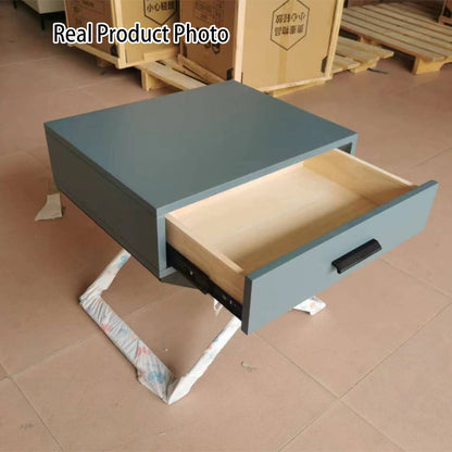 Blue-Black Industrial Nightstand - Heavy-Duty Triangular Iron Legs Bedside Table 1-Drawer For Bedroom
