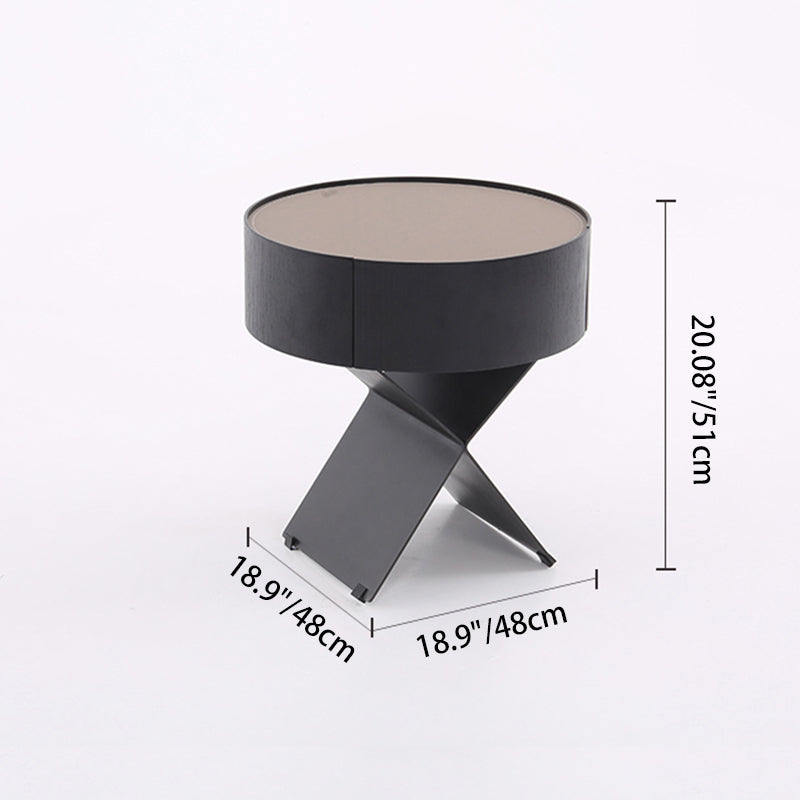 Contemporary Industrial Round Nightstand - Saddle Leather Finish Bedside Table 1-Drawer For Bedroom