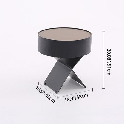 Contemporary Industrial Round Nightstand - Saddle Leather Finish Bedside Table 1-Drawer For Bedroom