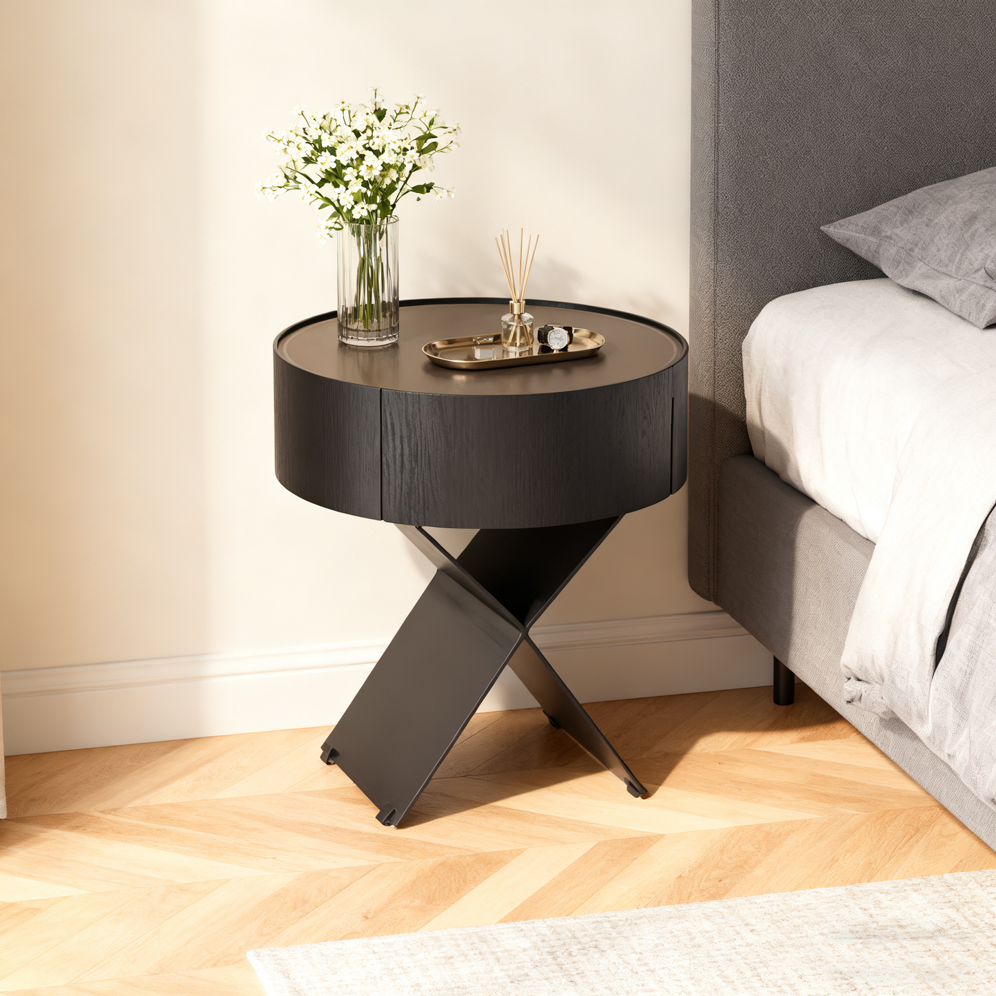 Contemporary Industrial Round Nightstand - Saddle Leather Finish Bedside Table 1-Drawer For Bedroom