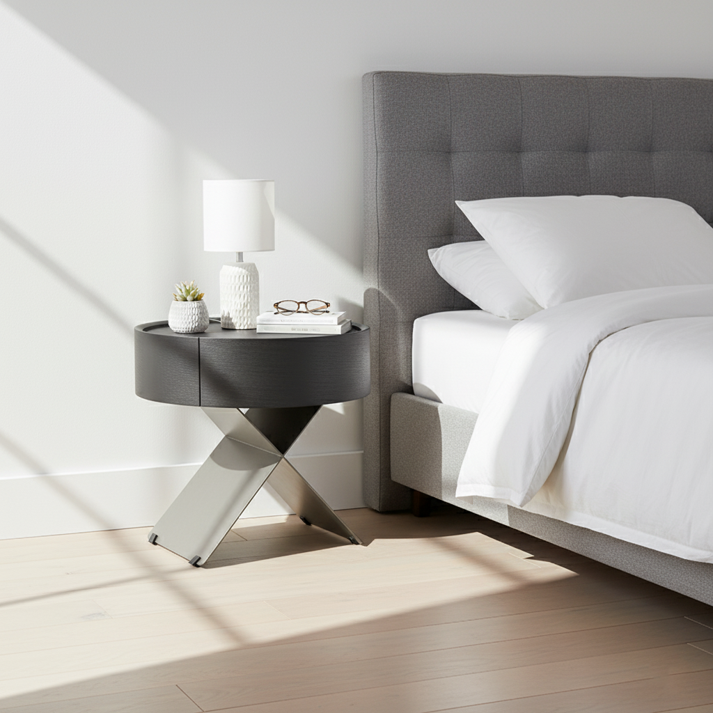 Contemporary Industrial Round Nightstand - Saddle Leather Finish Bedside Table 1-Drawer For Bedroom
