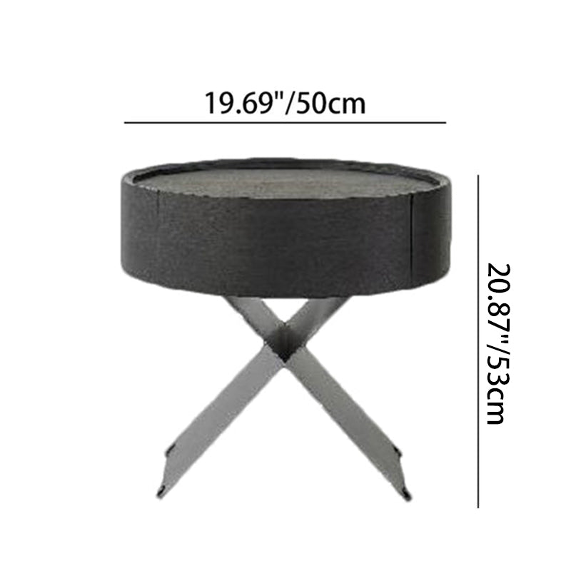 Contemporary Industrial Round Nightstand - Saddle Leather Finish Bedside Table 1-Drawer For Bedroom