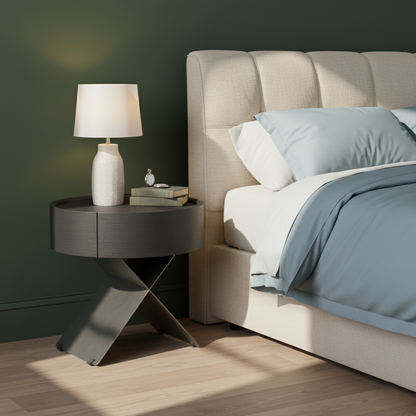 Contemporary Industrial Round Nightstand - Saddle Leather Finish Bedside Table 1-Drawer For Bedroom