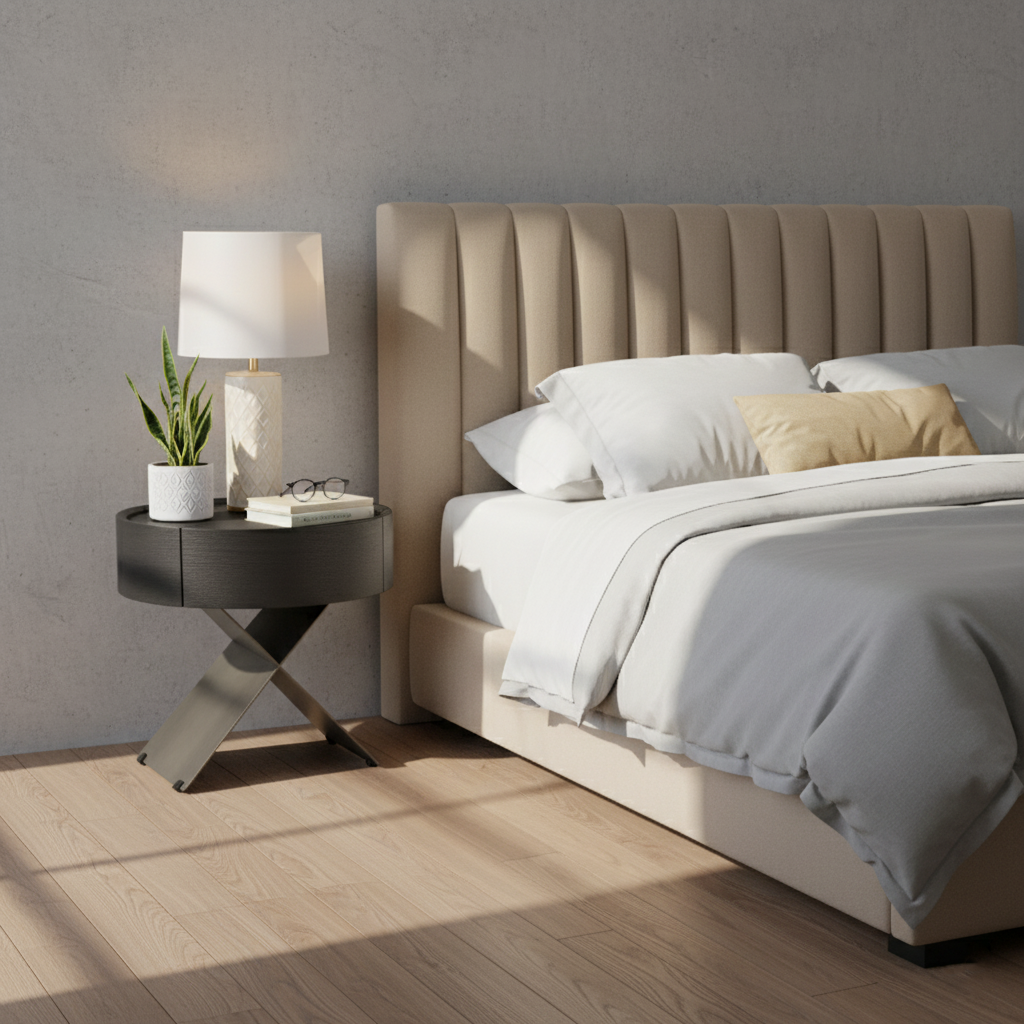 Contemporary Industrial Round Nightstand - Saddle Leather Finish Bedside Table 1-Drawer For Bedroom