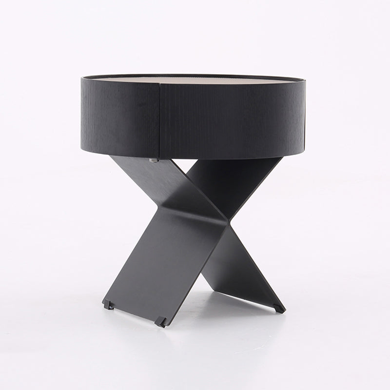 Contemporary Industrial Round Nightstand - Saddle Leather Finish Bedside Table 1-Drawer For Bedroom
